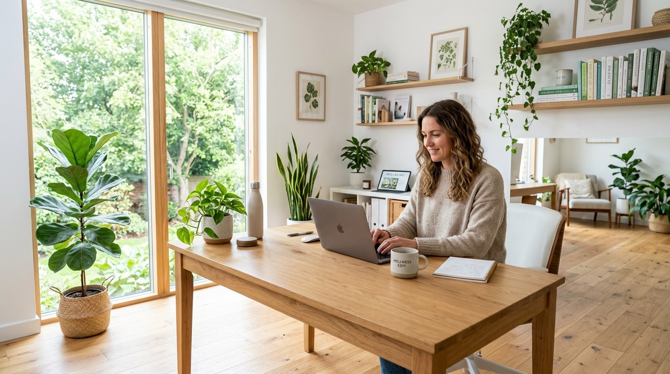 Solvra wellness editorial office — clean, modern, plant-filled