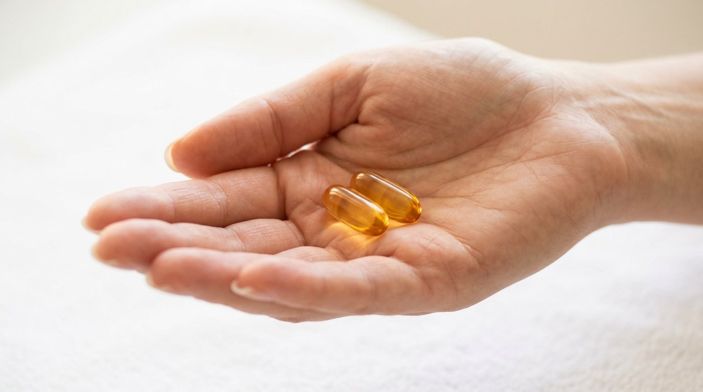 Supplement capsules held in open hand — botanical joint support