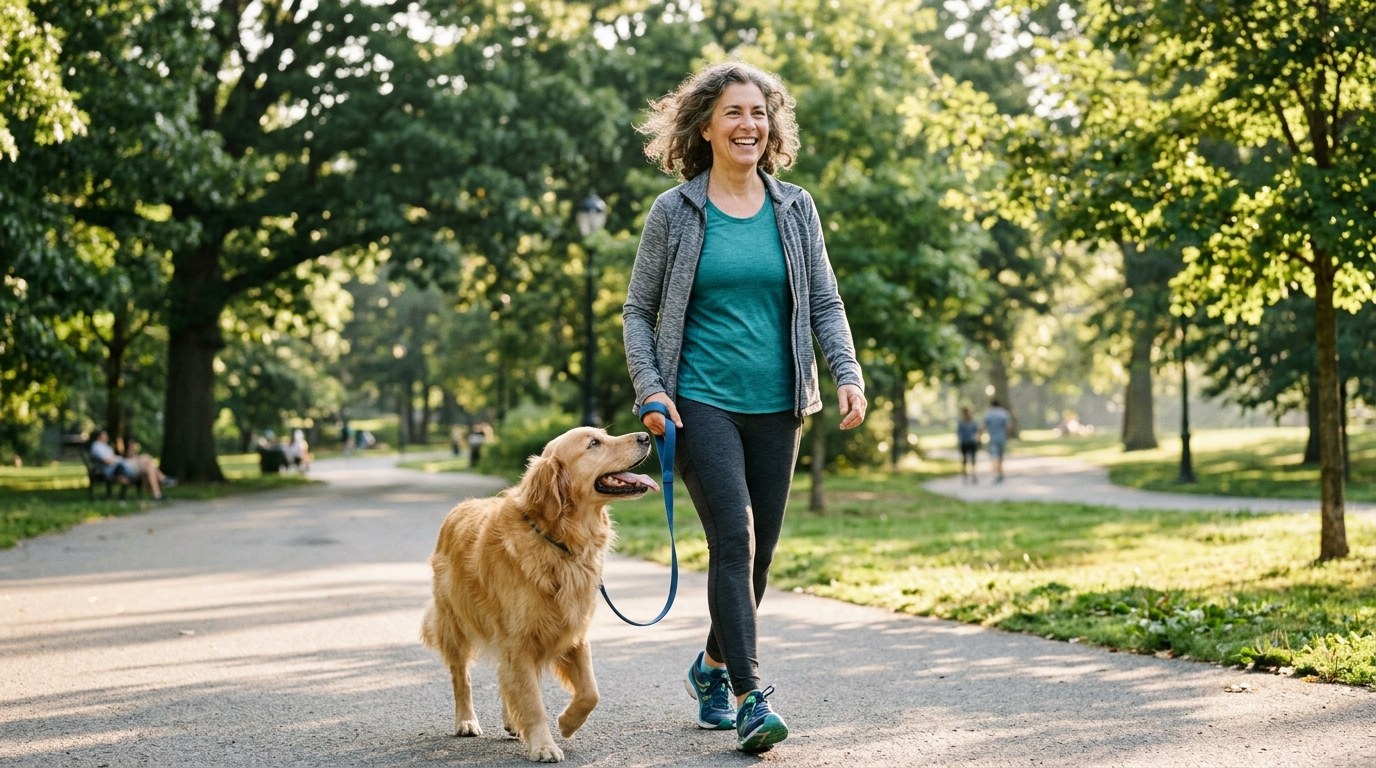 Woman walking outdoors with her dog, enjoying active movement  part of a daily wellness routine