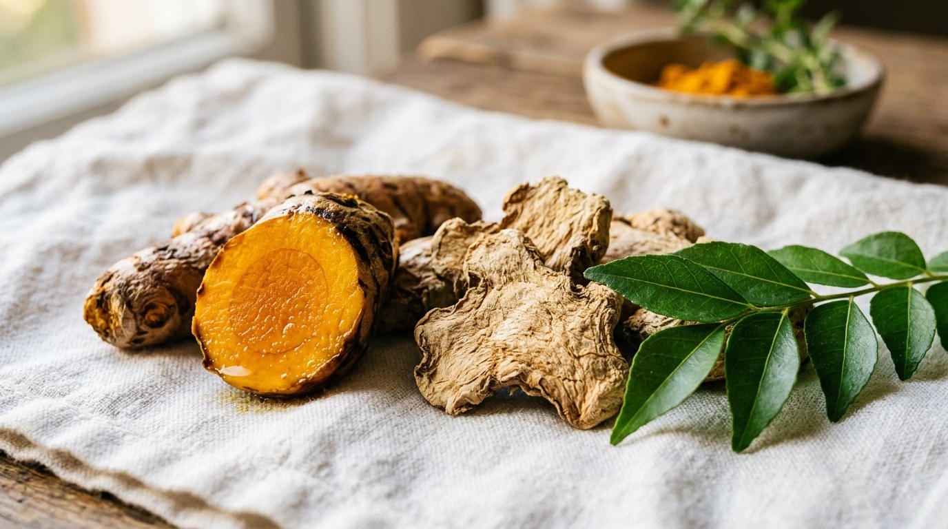 Golden turmeric root and ginger with botanical leaves — the key ingredients in Thorne AR-Encap