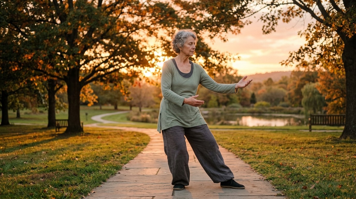 Woman practicing tai chi in a park at golden hour — morning wellness movement