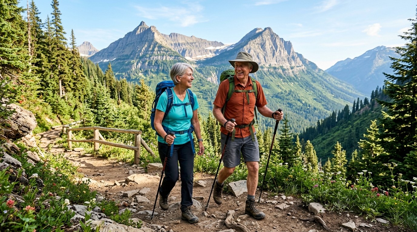 Active couple hiking through forest trail