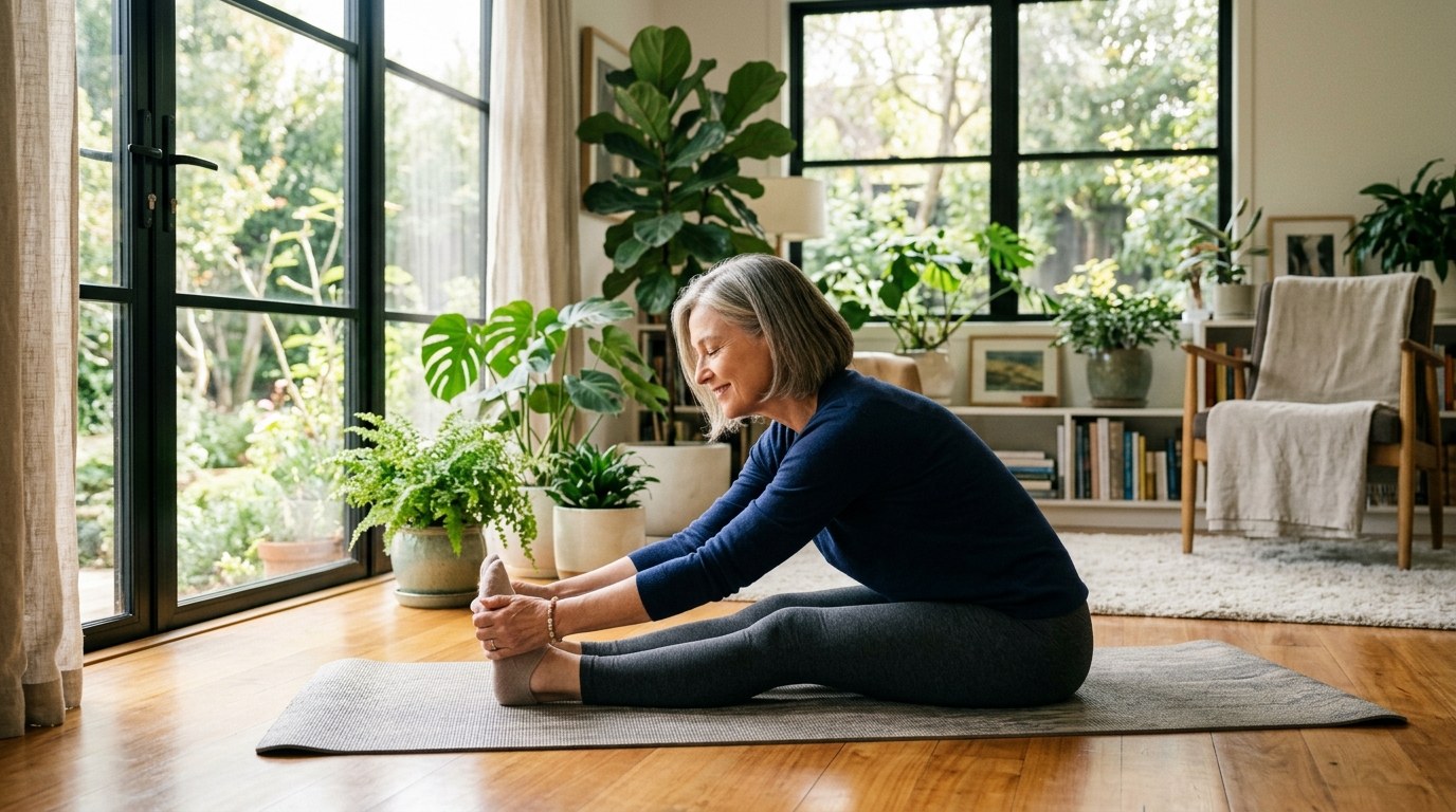 Woman doing gentle morning stretching at home